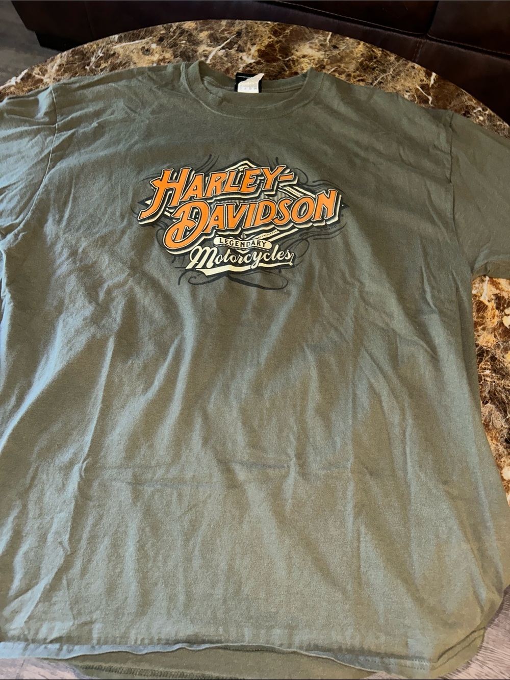 Harley-Davidson Olive Green Short Sleeve Logo Tee with Orange Print